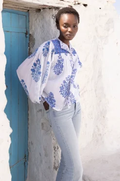 Oliphant Mandarin Pintuck Blouse- Salvia Blue