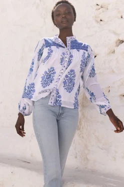 Oliphant Mandarin Pintuck Blouse- Salvia Blue