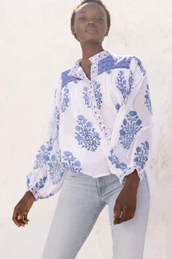 Oliphant Mandarin Pintuck Blouse- Salvia Blue