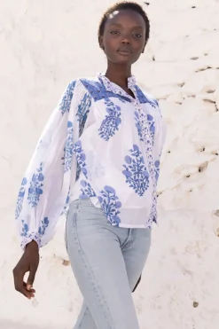 Oliphant Mandarin Pintuck Blouse- Salvia Blue