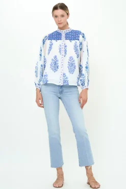 Oliphant Mandarin Pintuck Blouse- Salvia Blue