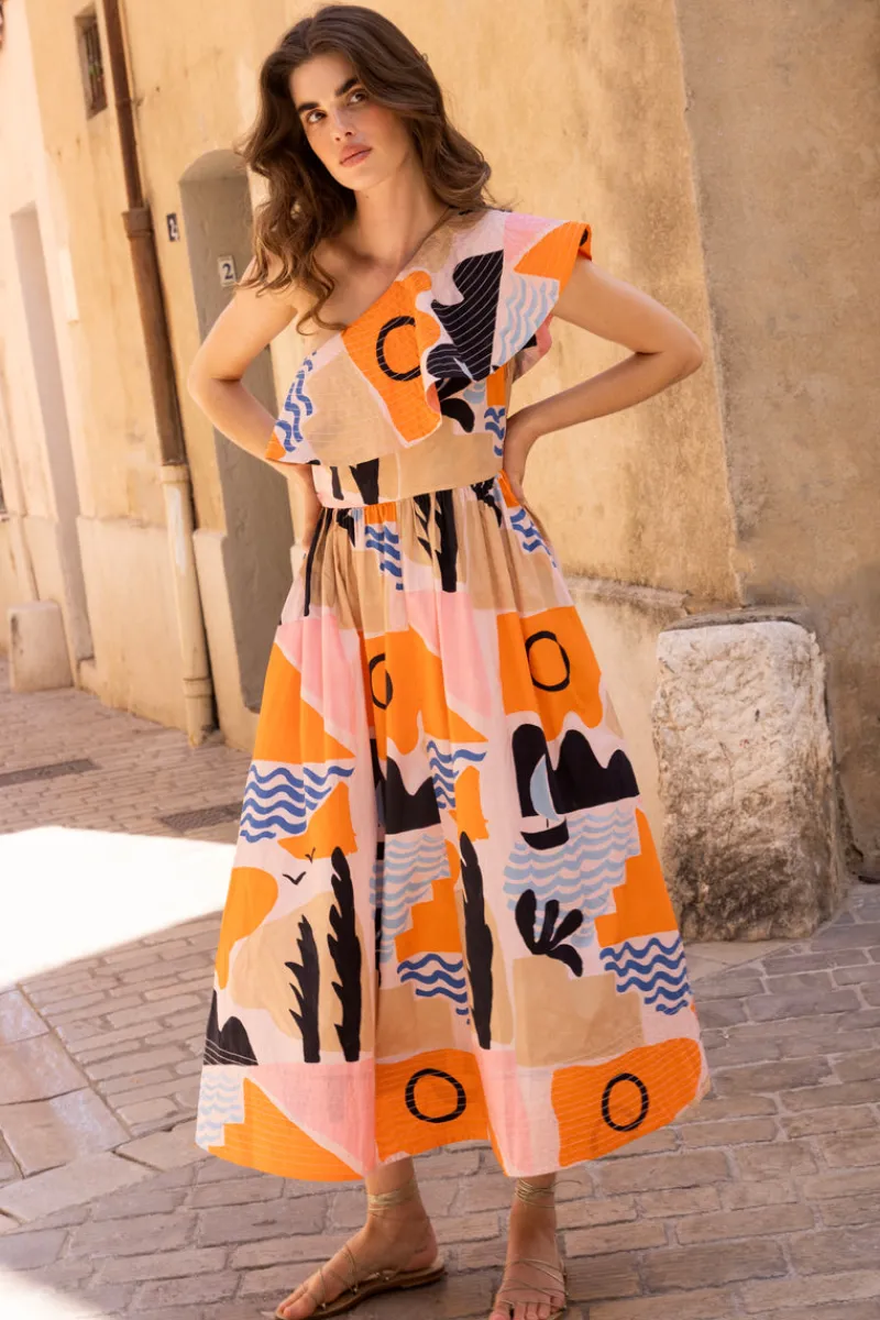 Oliphant One Shoulder Ruffle Maxi- Riviera Orange