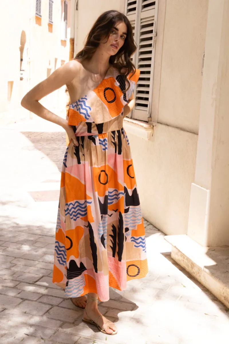 Oliphant One Shoulder Ruffle Maxi- Riviera Orange