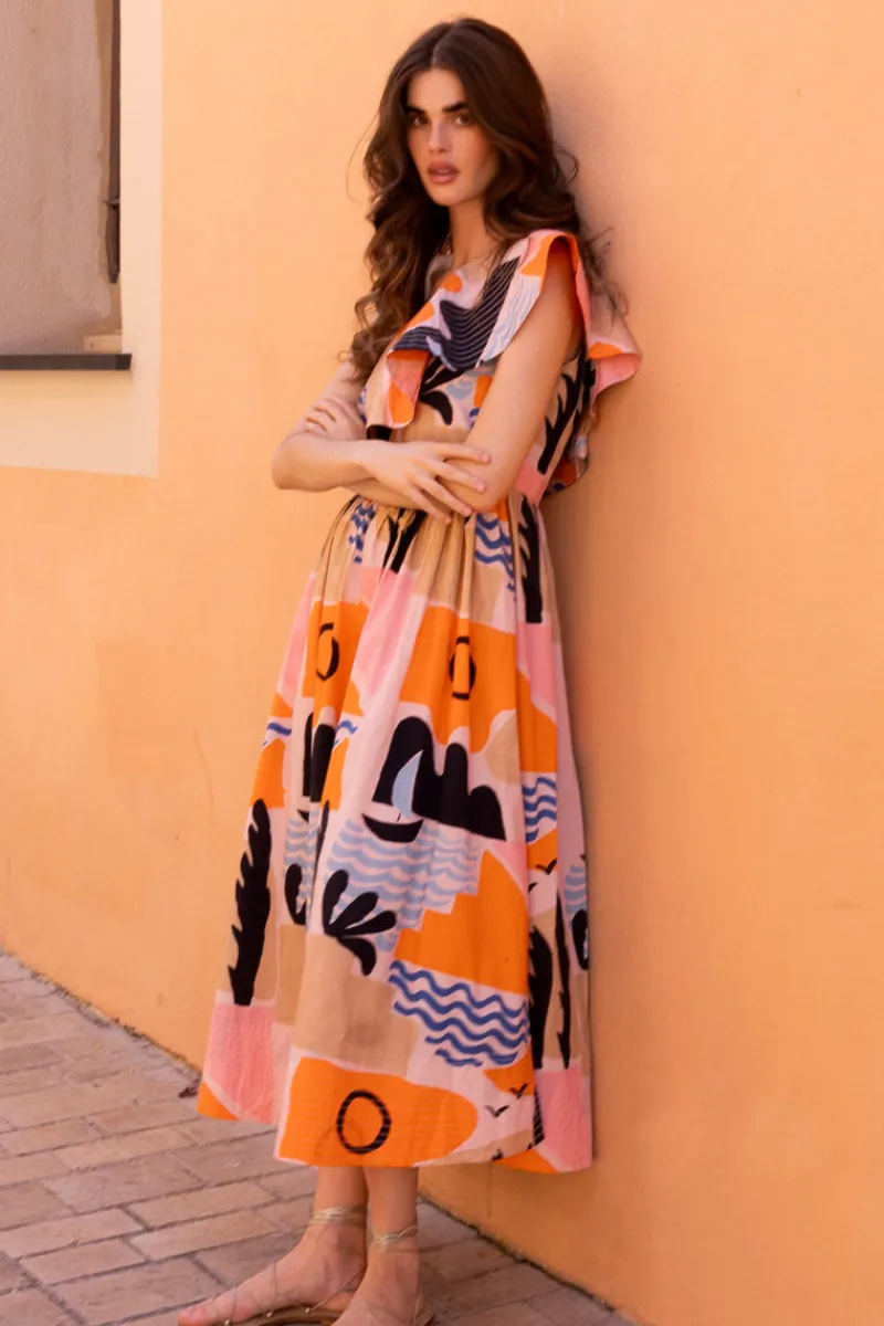 Oliphant One Shoulder Ruffle Maxi- Riviera Orange
