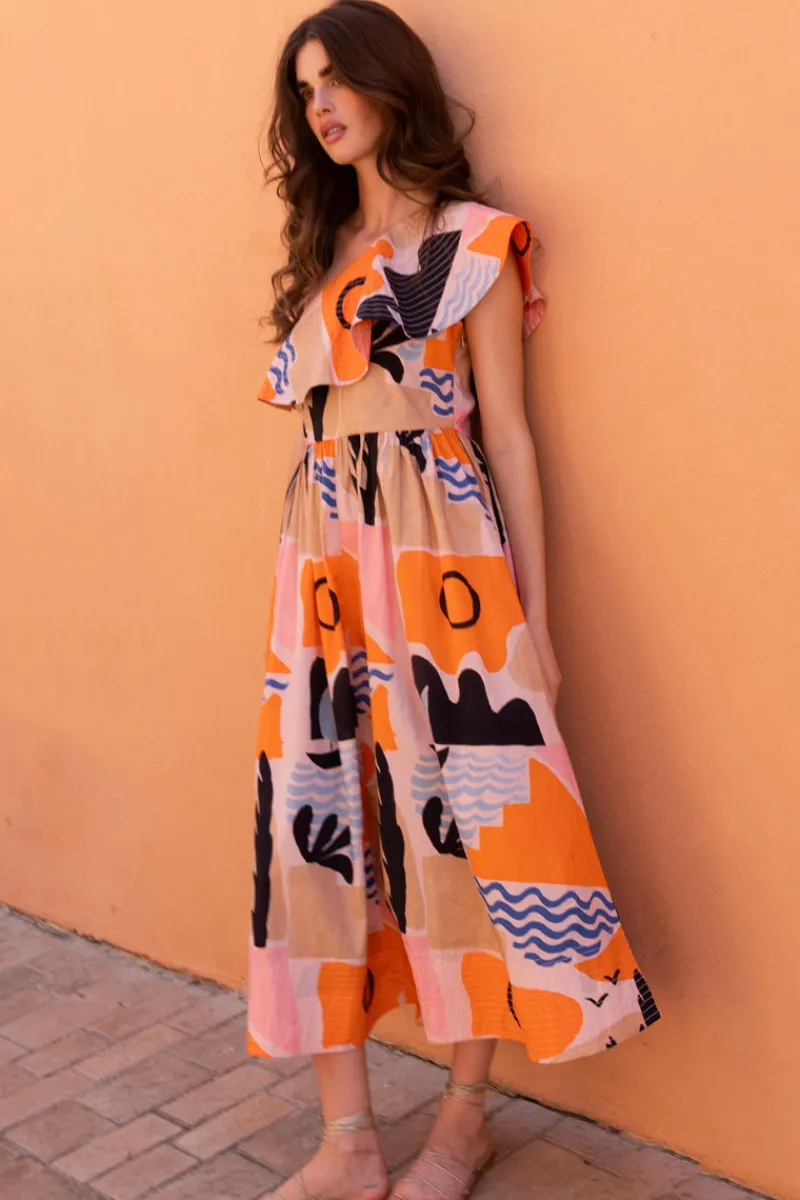 Oliphant One Shoulder Ruffle Maxi- Riviera Orange