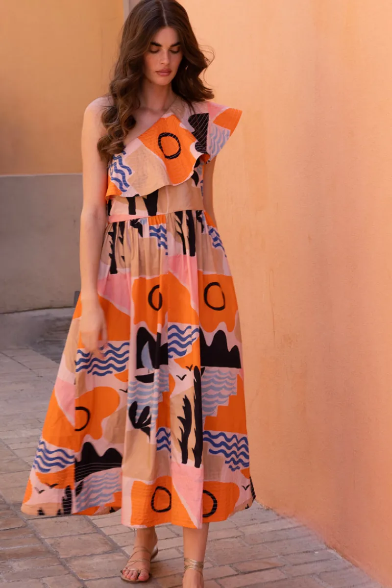 Oliphant One Shoulder Ruffle Maxi- Riviera Orange