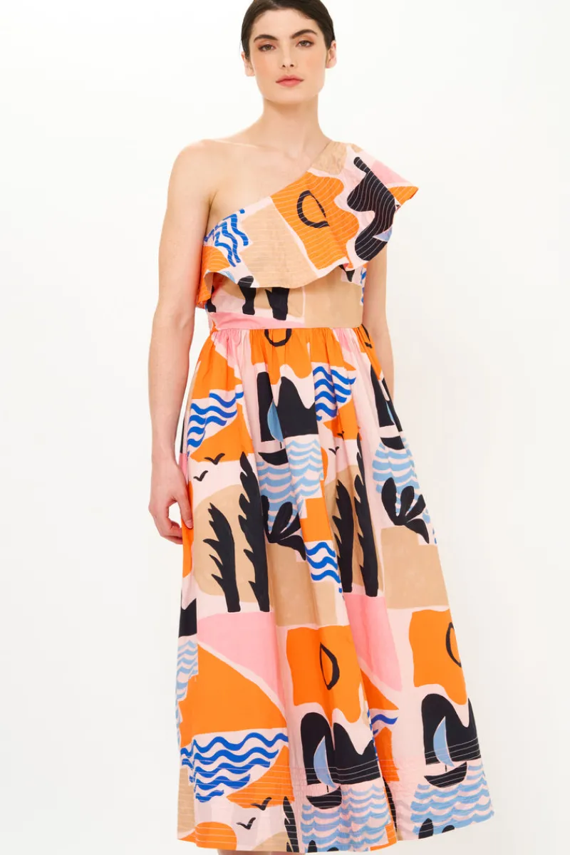 Oliphant One Shoulder Ruffle Maxi- Riviera Orange