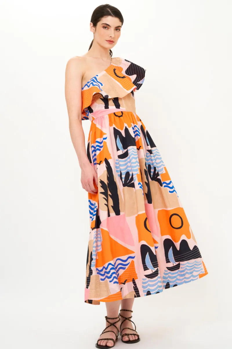 Oliphant One Shoulder Ruffle Maxi- Riviera Orange