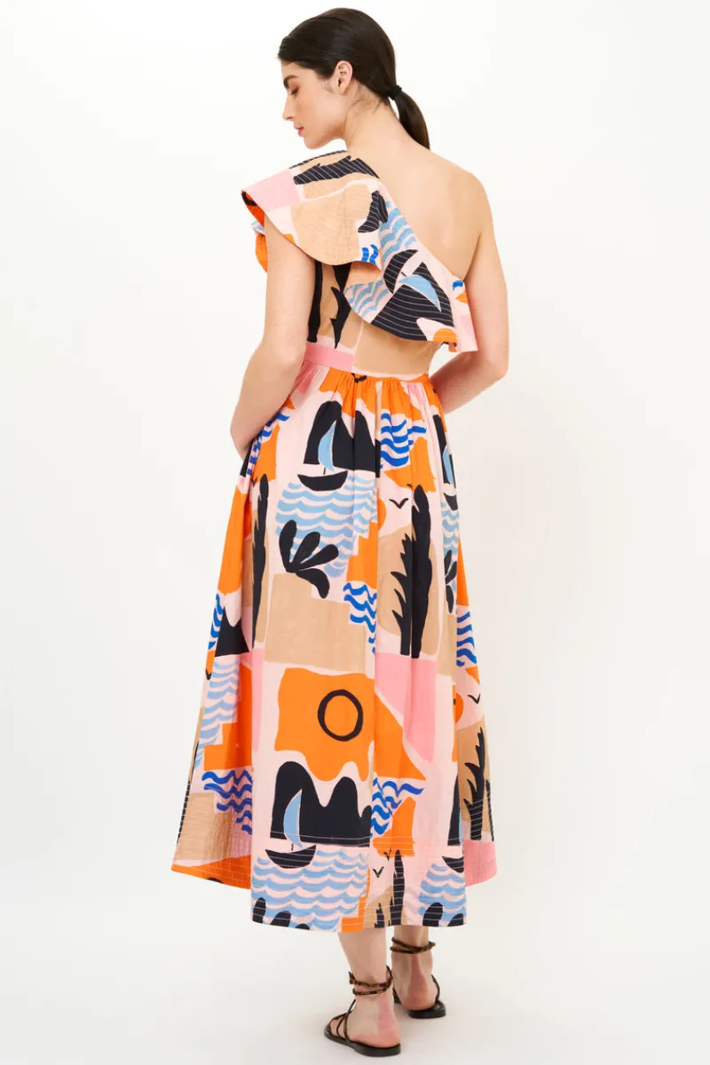 Oliphant One Shoulder Ruffle Maxi- Riviera Orange