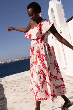 Oliphant One Shoulder Ruffle Maxi- Orchid Red