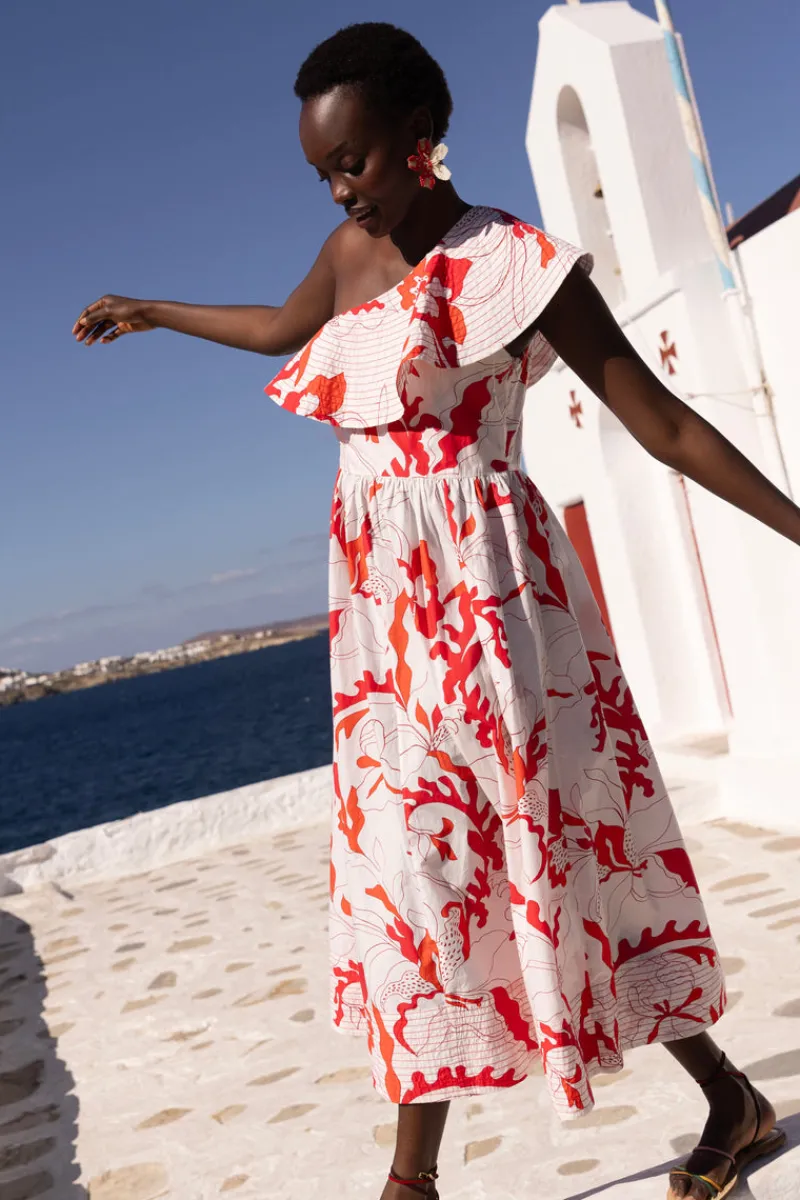 Oliphant One Shoulder Ruffle Maxi- Orchid Red
