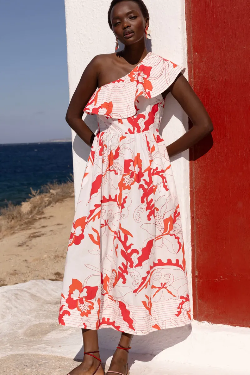 Oliphant One Shoulder Ruffle Maxi- Orchid Red