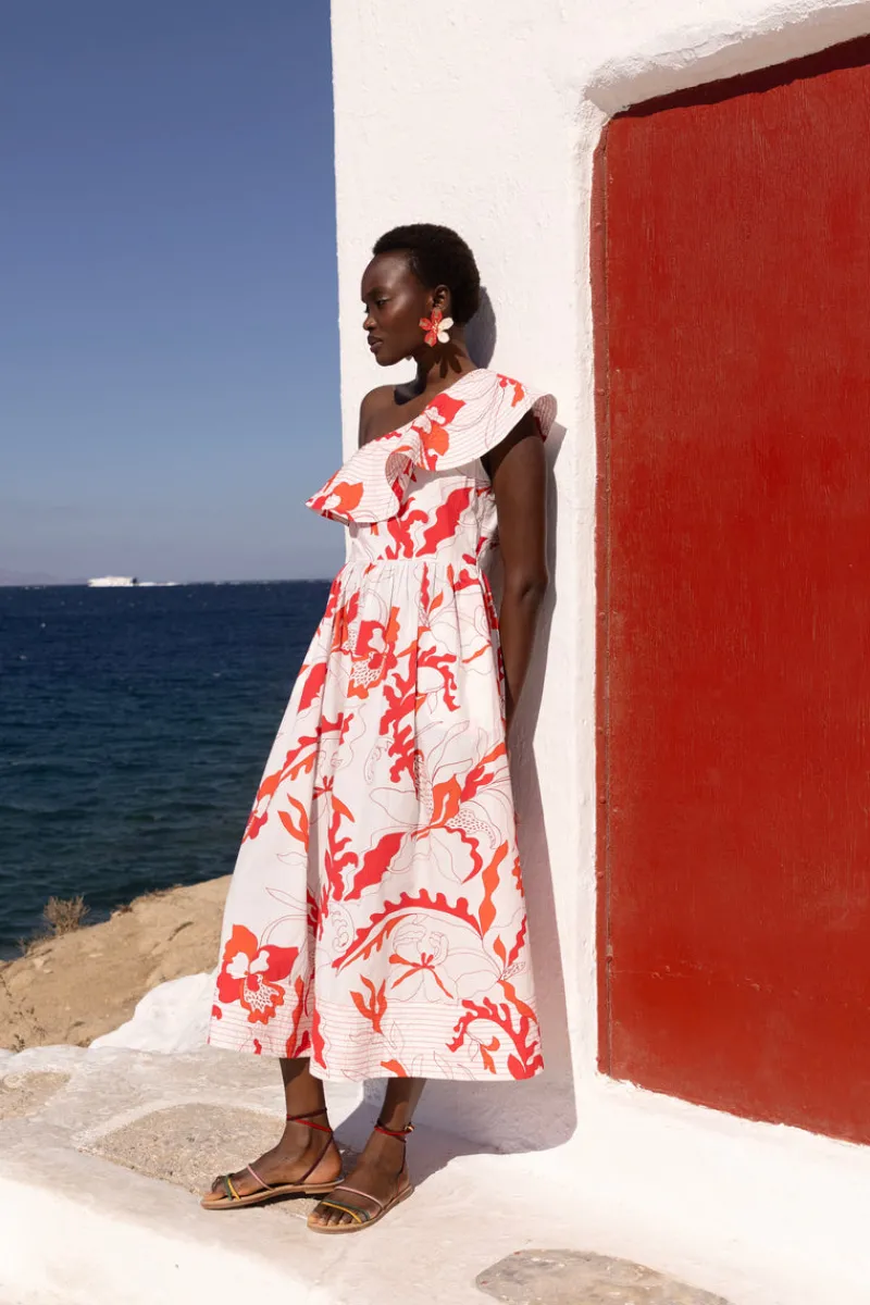 Oliphant One Shoulder Ruffle Maxi- Orchid Red