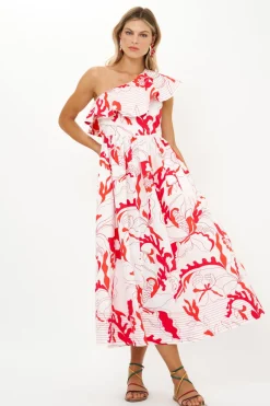 Oliphant One Shoulder Ruffle Maxi- Orchid Red