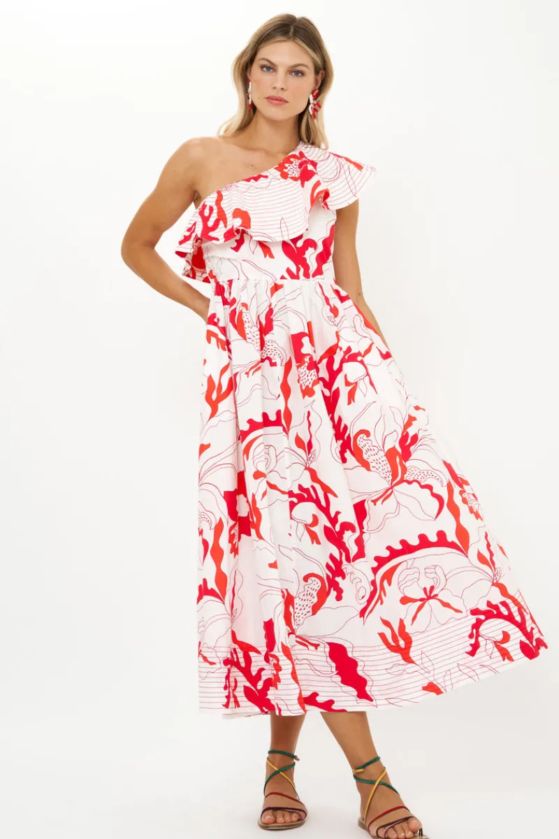 Oliphant One Shoulder Ruffle Maxi- Orchid Red