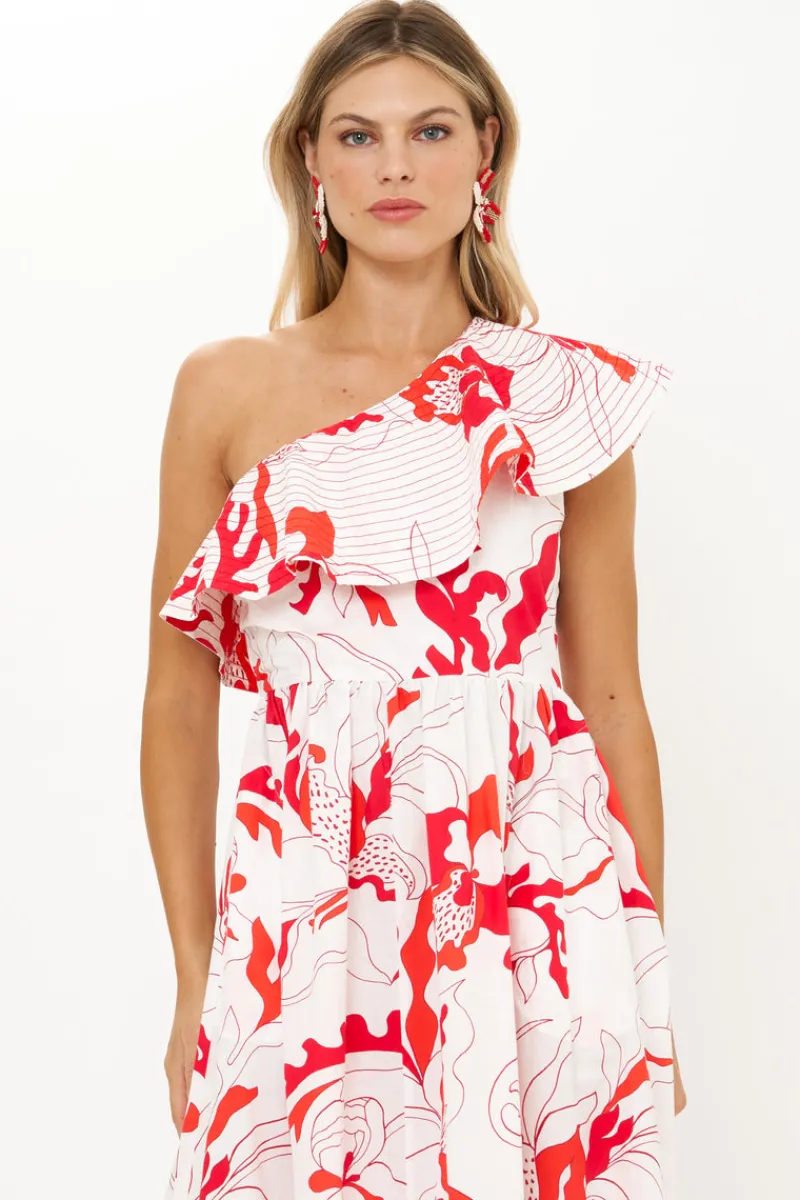 Oliphant One Shoulder Ruffle Maxi- Orchid Red