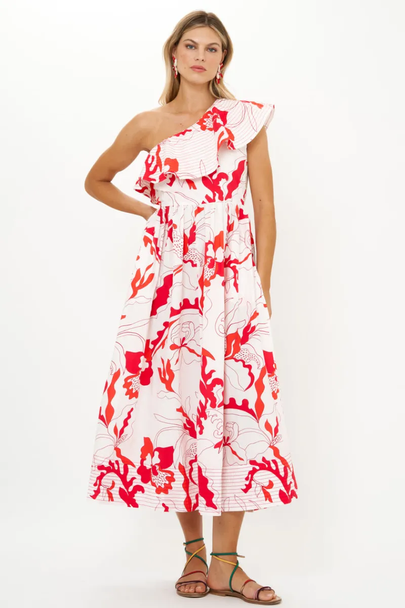Oliphant One Shoulder Ruffle Maxi- Orchid Red