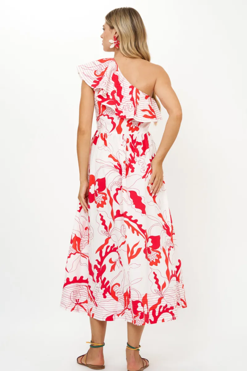 Oliphant One Shoulder Ruffle Maxi- Orchid Red