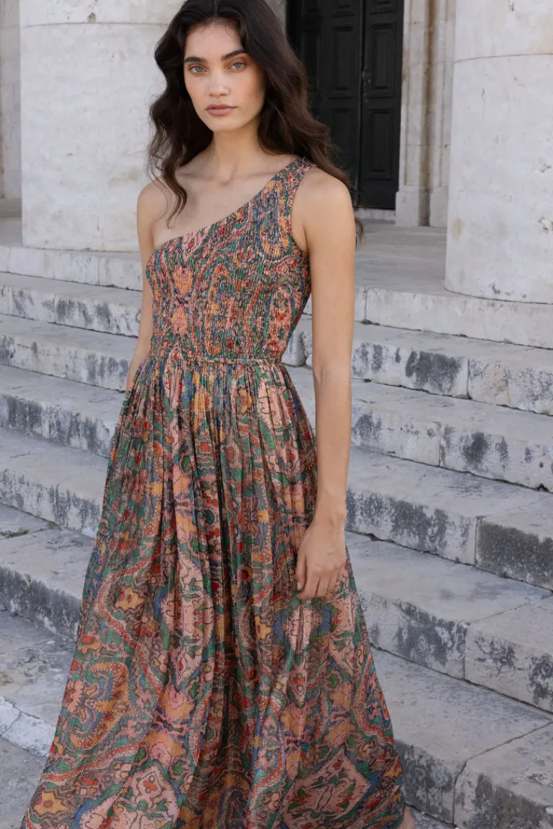 Oliphant One Shoulder Smocked Maxi- Persia Aqua