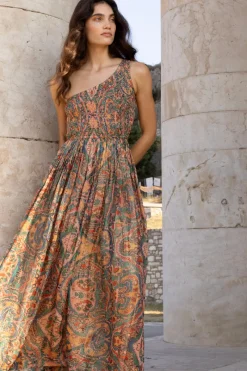 Oliphant One Shoulder Smocked Maxi- Persia Aqua