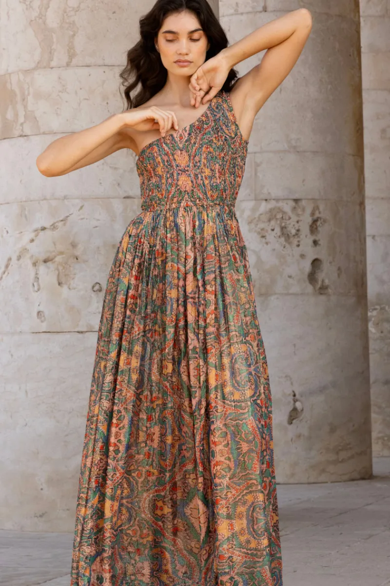 Oliphant One Shoulder Smocked Maxi- Persia Aqua