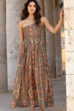 Oliphant One Shoulder Smocked Maxi- Persia Aqua