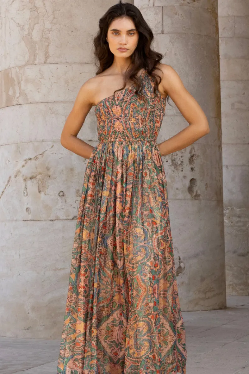 Oliphant One Shoulder Smocked Maxi- Persia Aqua