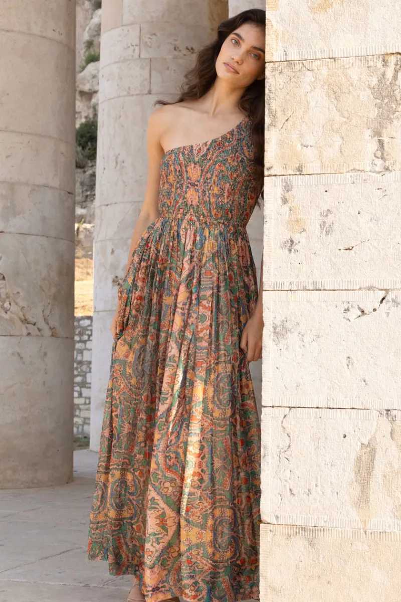 Oliphant One Shoulder Smocked Maxi- Persia Aqua