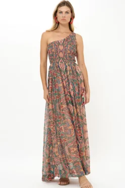 Oliphant One Shoulder Smocked Maxi- Persia Aqua