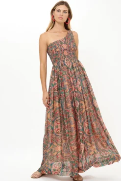 Oliphant One Shoulder Smocked Maxi- Persia Aqua