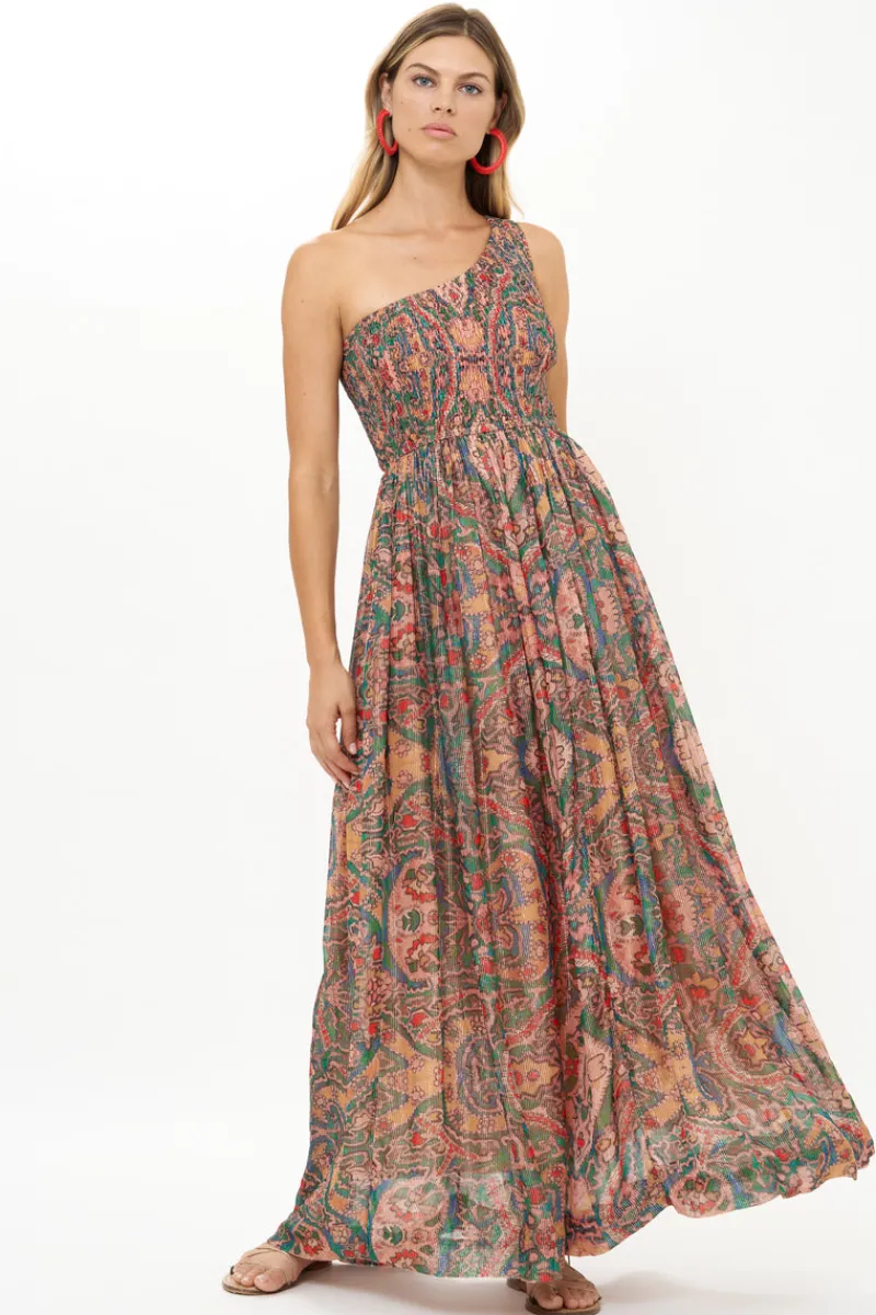 Oliphant One Shoulder Smocked Maxi- Persia Aqua