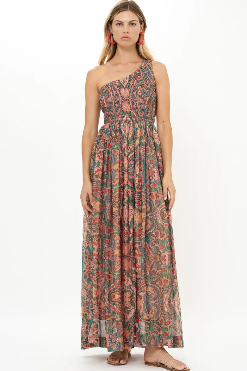 Oliphant One Shoulder Smocked Maxi- Persia Aqua