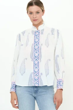 Oliphant Pintuck Button Front Blouse- Aptos Blue