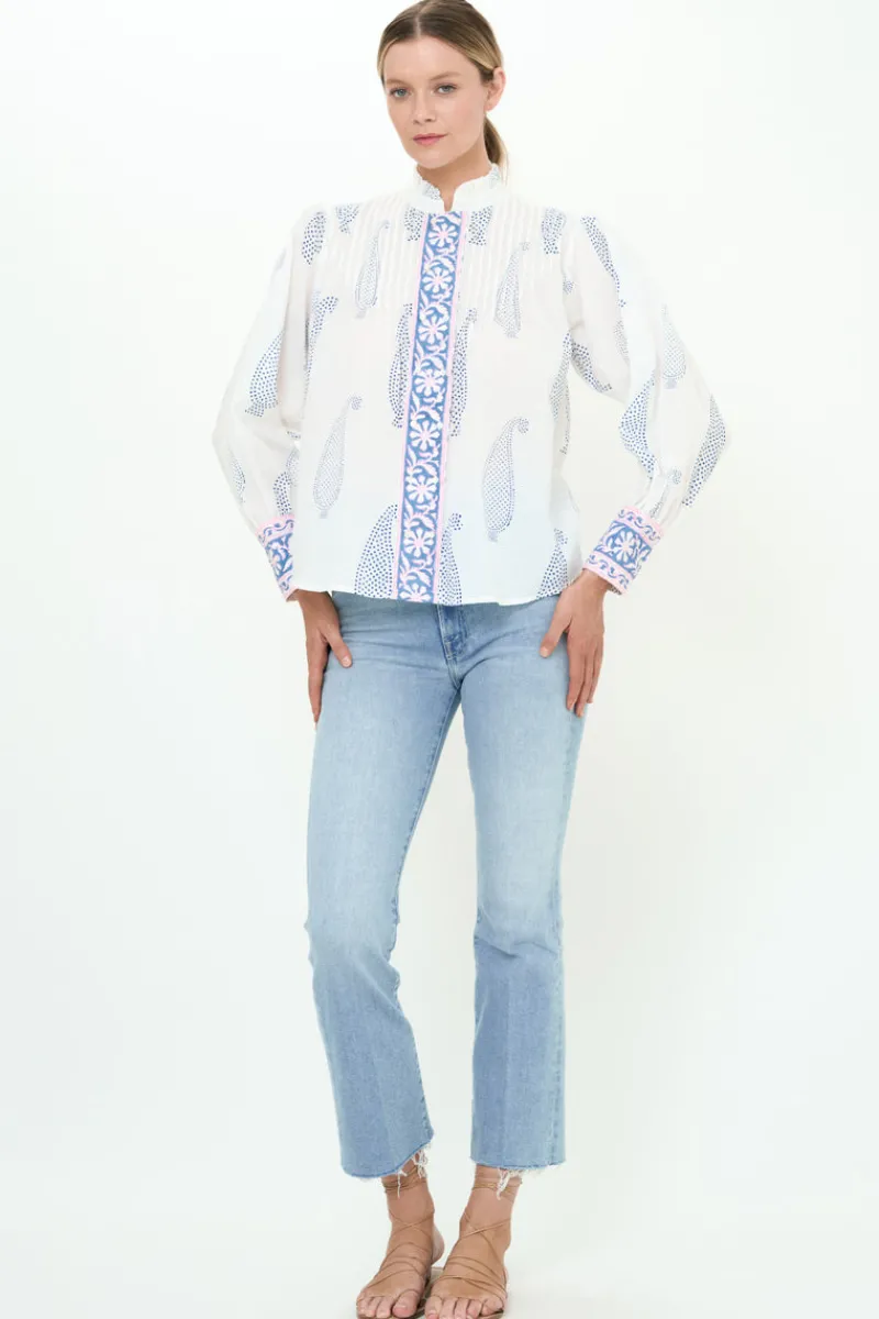 Oliphant Pintuck Button Front Blouse- Aptos Blue
