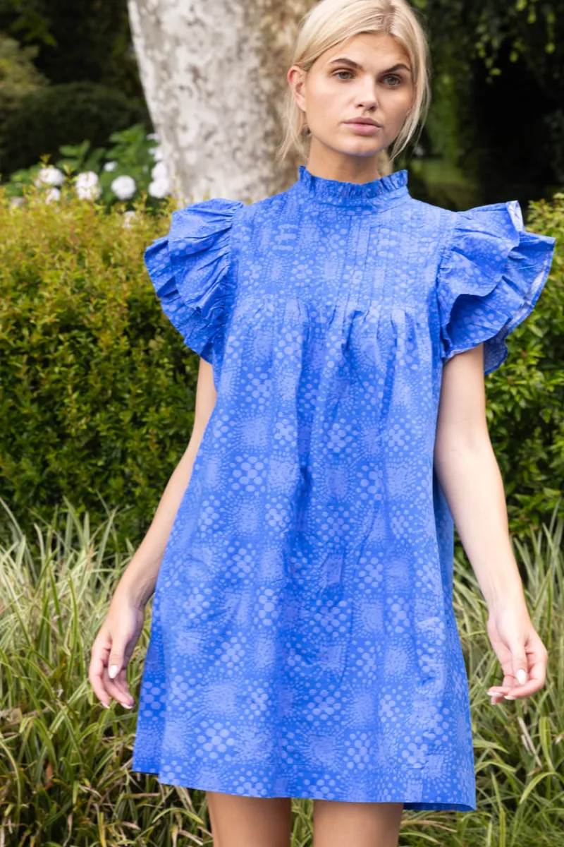 Oliphant Pintuck Ruffle Mini Dress- Matrix Blue