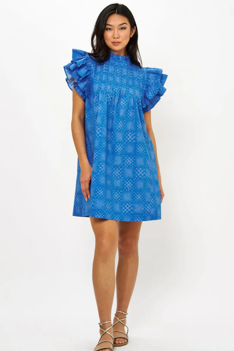 Oliphant Pintuck Ruffle Mini Dress- Matrix Blue