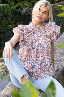 Oliphant Pintuck Ruffle Top- Montenegro Coral