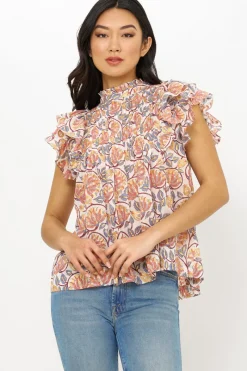 Oliphant Pintuck Ruffle Top- Montenegro Coral