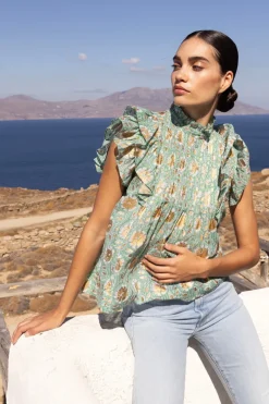 Oliphant Pintuck Ruffle Top- Mughal Green