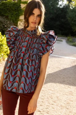 Oliphant Pintuck Ruffle Top- Tulip Red