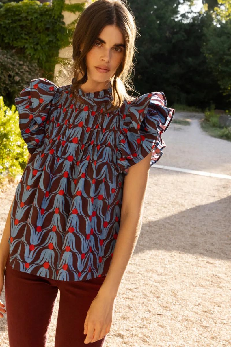Oliphant Pintuck Ruffle Top- Tulip Red
