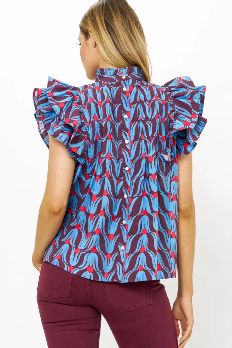 Oliphant Pintuck Ruffle Top- Tulip Red