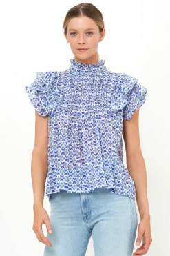 Oliphant Pintuck Ruffle Top- Veranda Blue
