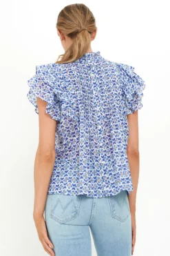 Oliphant Pintuck Ruffle Top- Veranda Blue