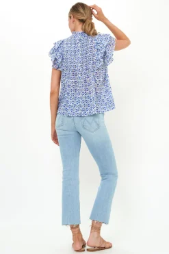 Oliphant Pintuck Ruffle Top- Veranda Blue