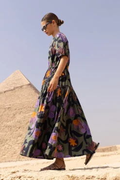 Oliphant Piped Puff Sleeve Maxi- Bergen Olive