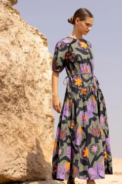 Oliphant Piped Puff Sleeve Maxi- Bergen Olive