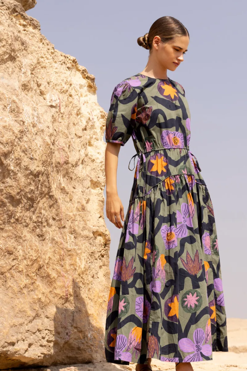 Oliphant Piped Puff Sleeve Maxi- Bergen Olive