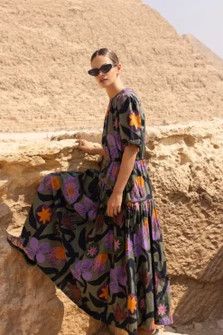 Oliphant Piped Puff Sleeve Maxi- Bergen Olive