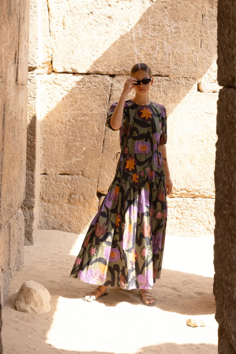 Oliphant Piped Puff Sleeve Maxi- Bergen Olive